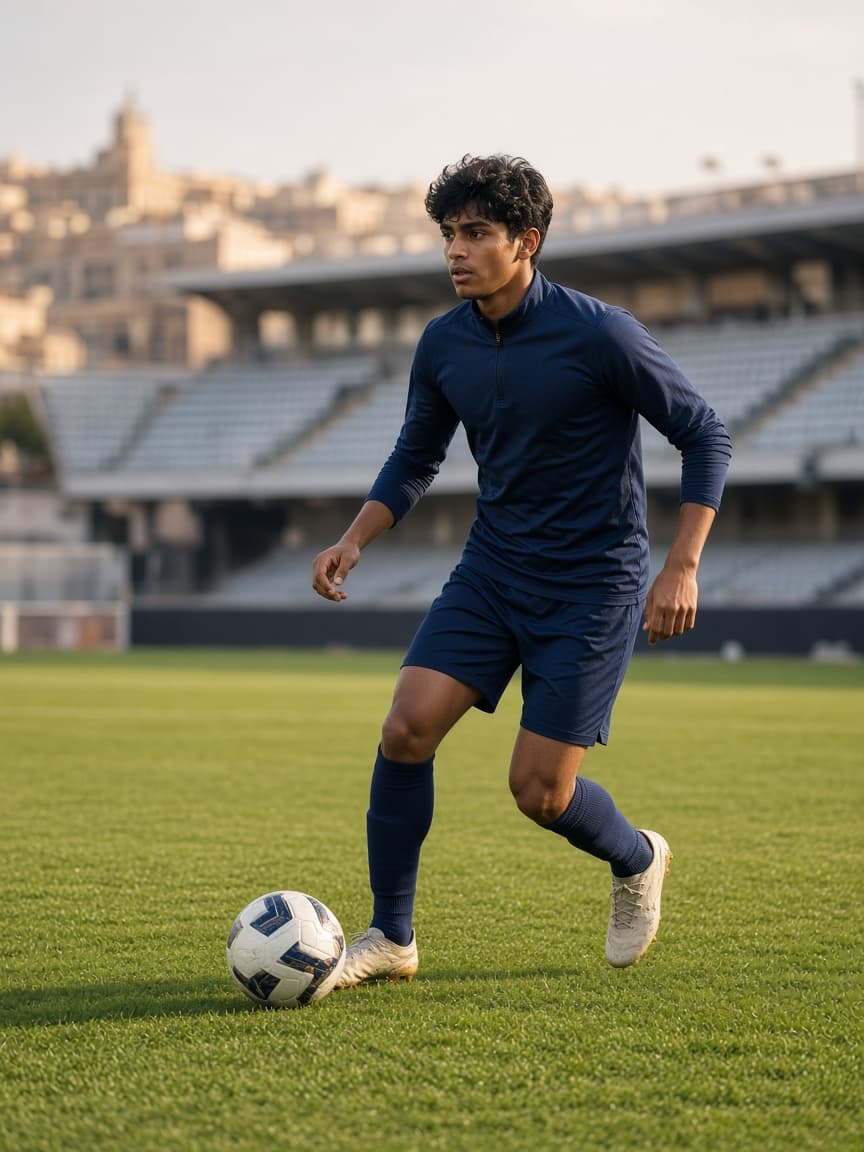 Young footballer training on a professional pitch in Madrid, Spain